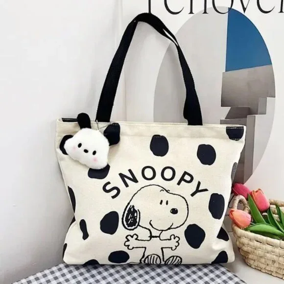 Snoopy Canvas Tote Bag Polka Dot White Shopping Bag 15x12 With Plush Charm - Picture 1 of 8